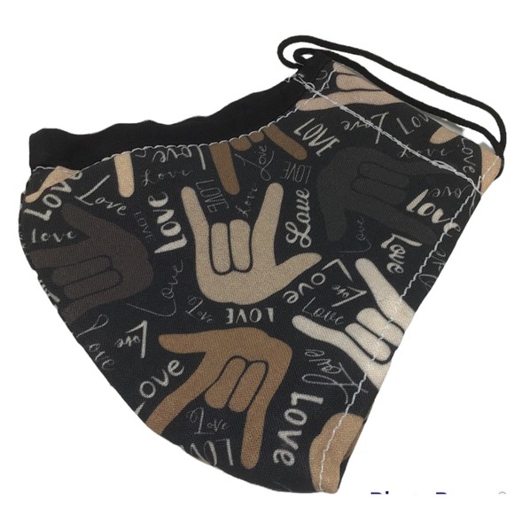 Face Mask Fabric Adult Size ASL I Love You ILY Hand Sign Deaf Black Brown NEW - Picture 4 of 4
